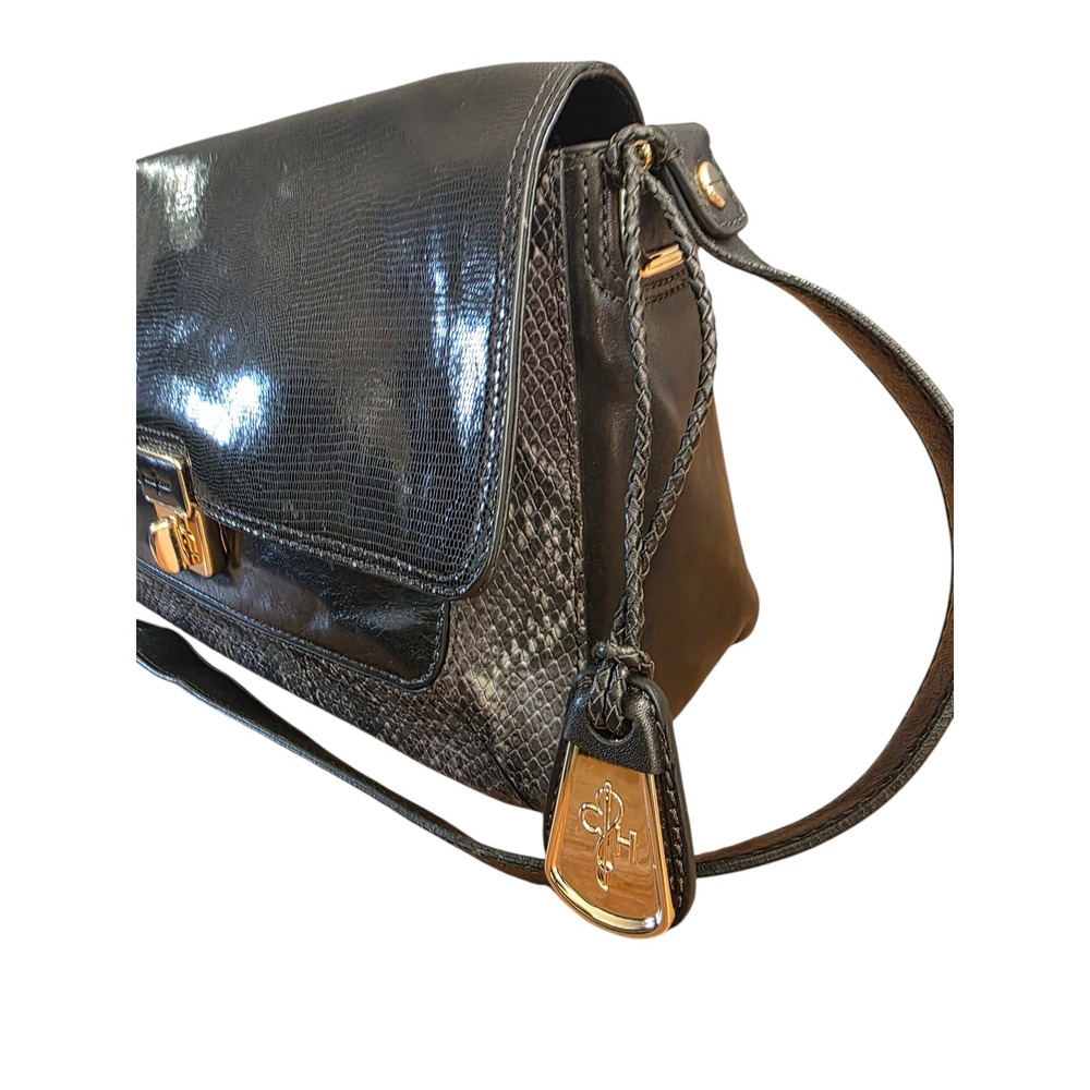 Cole Haan Black Leather Snakeskin Embossed Large Shoulder Bag Gold Turn Lock - Picture 6 of 13